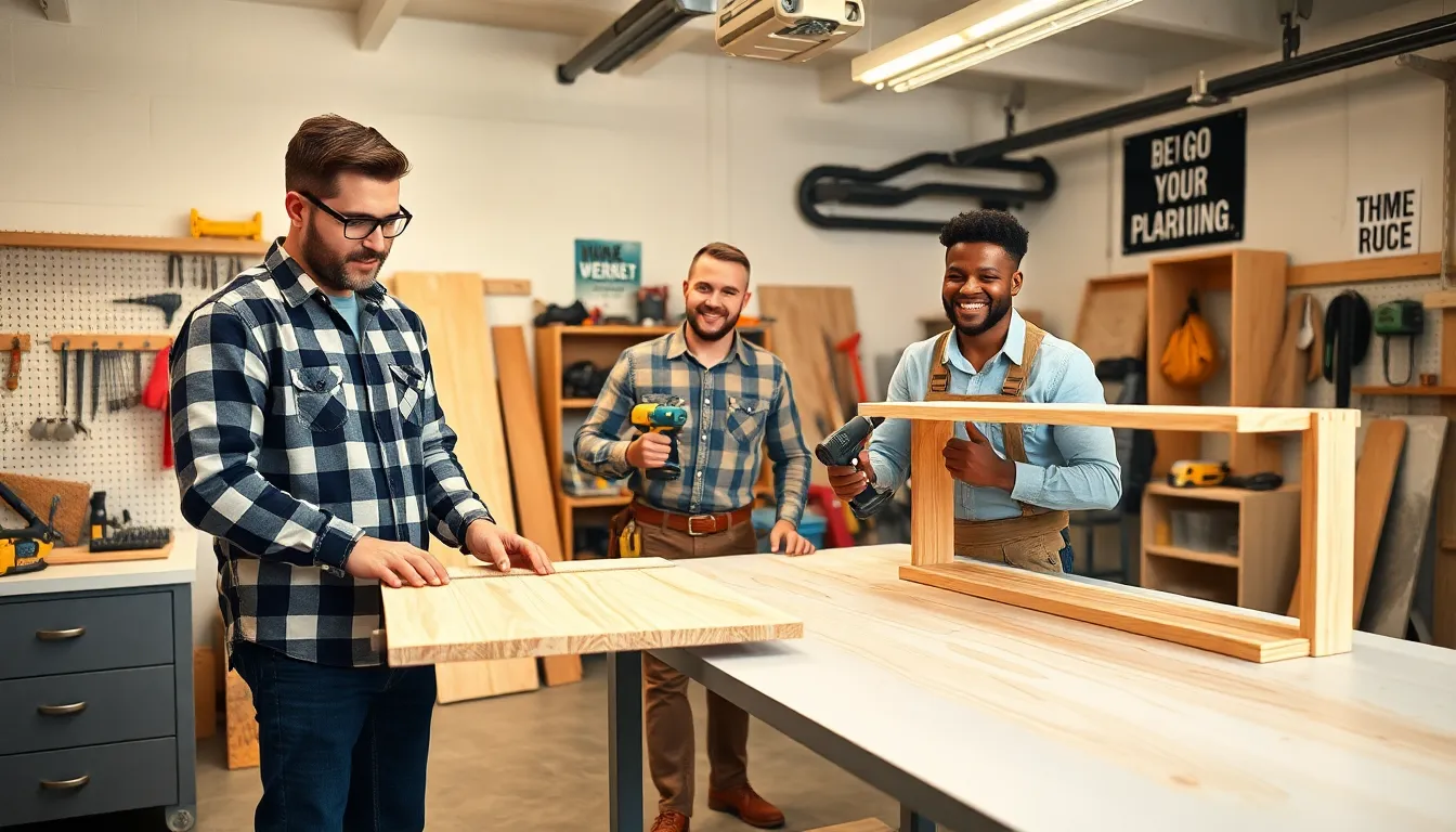 diverse group of men engaged in hands-on DIY projects in a workshop.