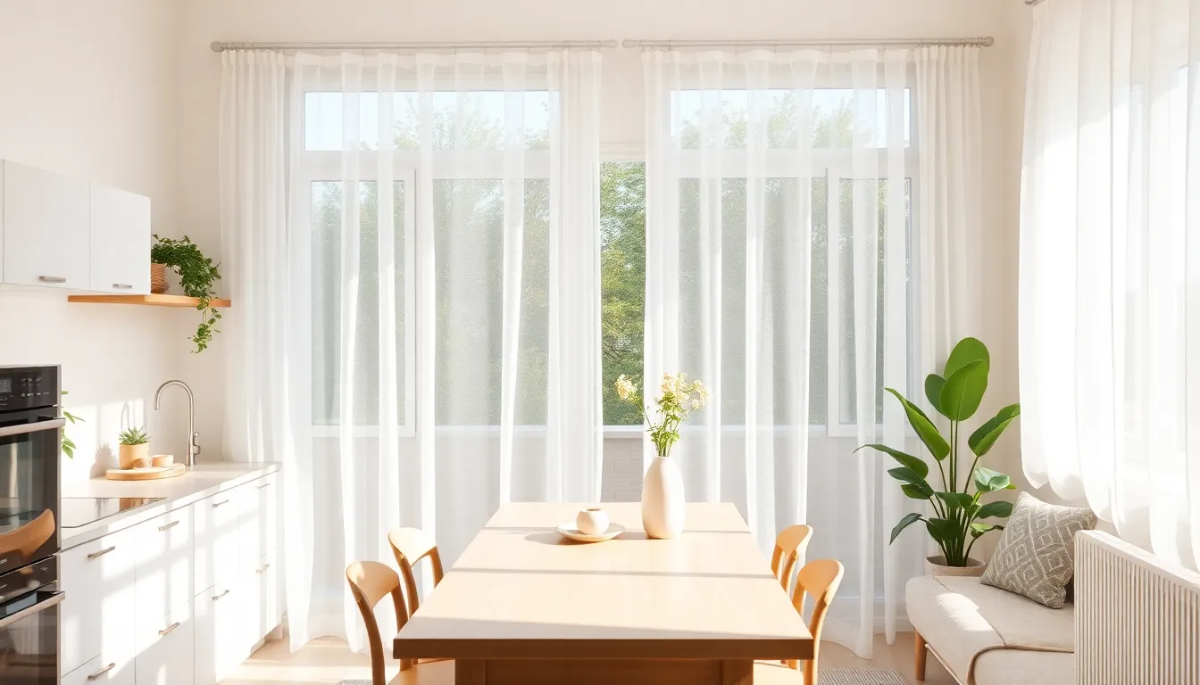 Bright kitchen with sheer net curtains softly diffusing sunlight.