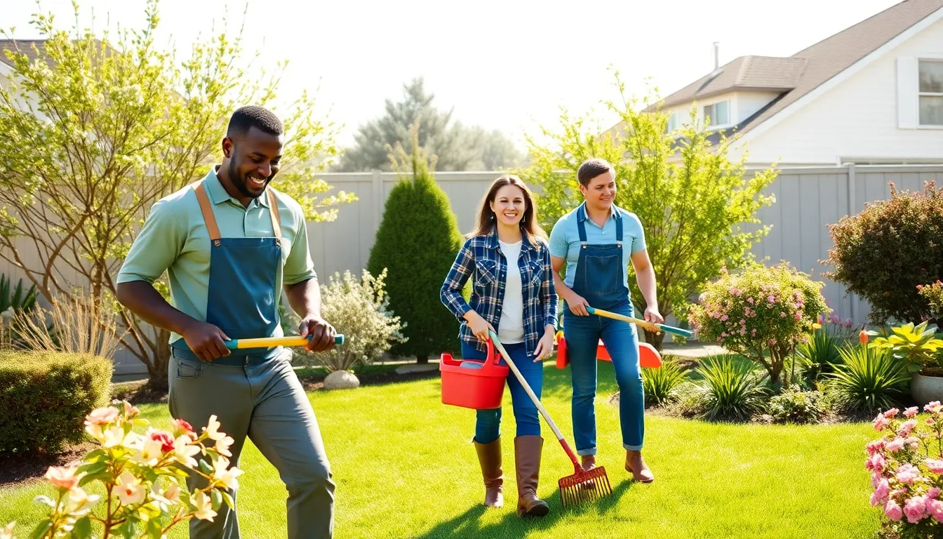 diverse homeowners engaged in spring maintenance tasks in a vibrant yard.