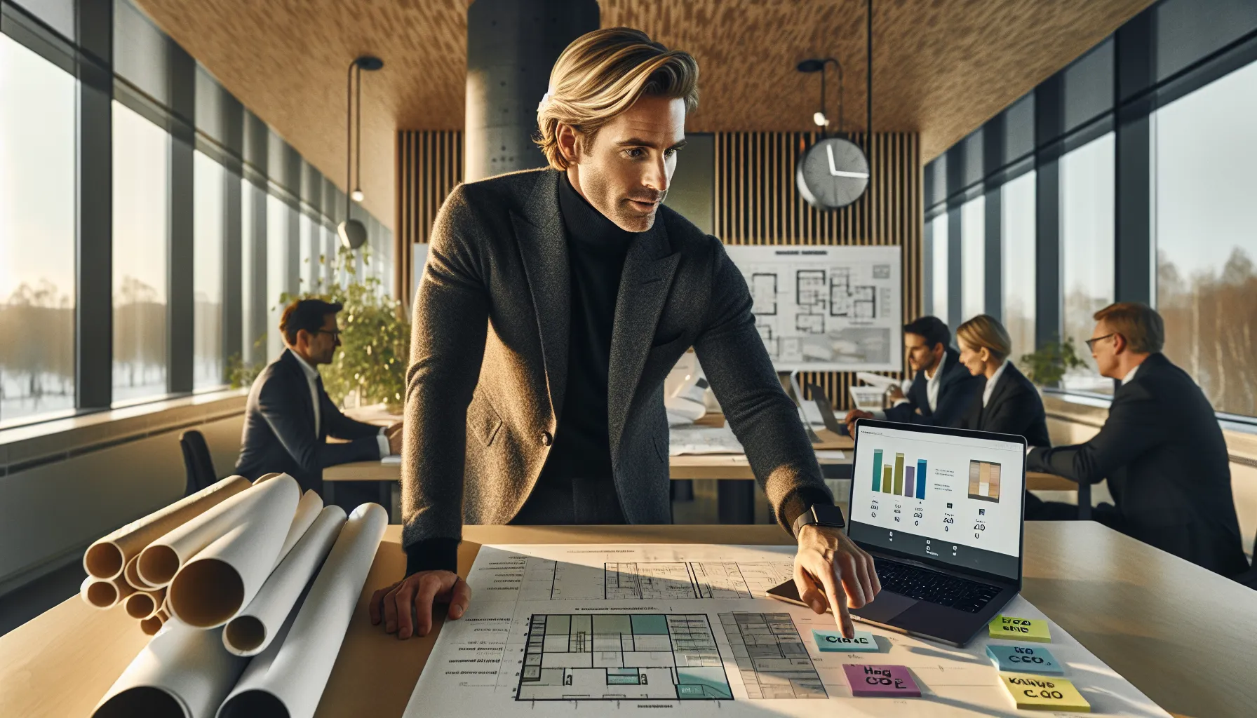 Slik planlegger du et bærekraftig byggeprosjekt 2 Project team reviewing lca data and decision map for sustainable building planning.