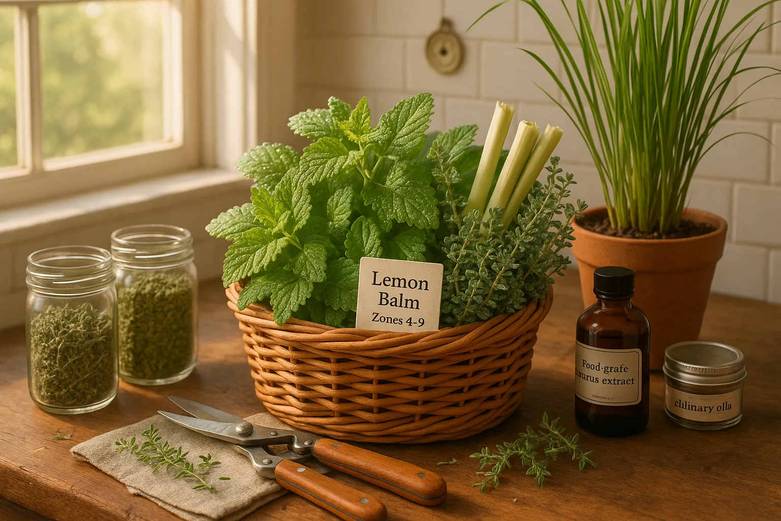Wicker basket of fresh lemon balm, lemongrass, and lemon thyme on countertop.