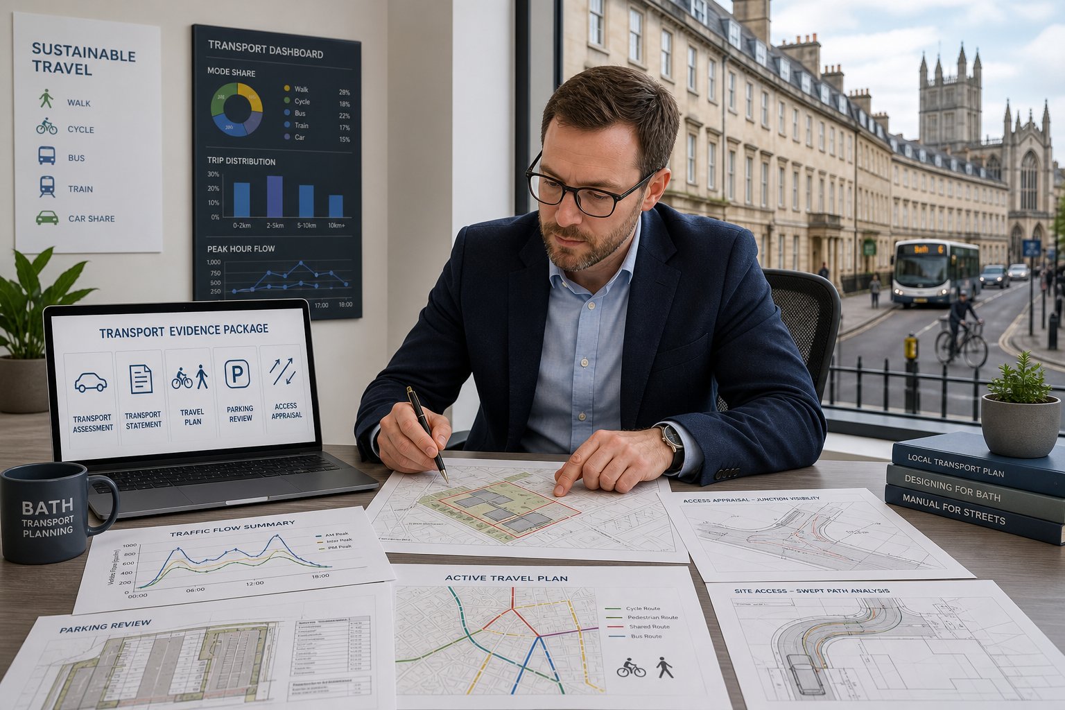 Traffic engineer reviewing planning transport reports for a Bath development.