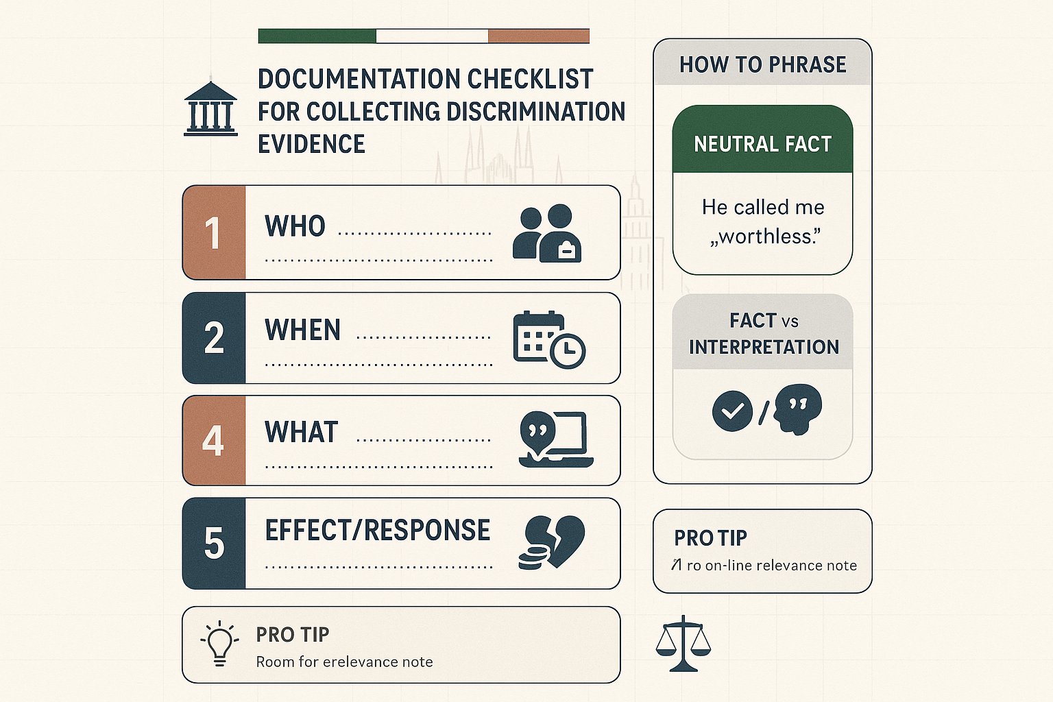 Infografica a lista di controllo impilata che mostra come documentare gli incidenti di discriminazione sul posto di lavoro.