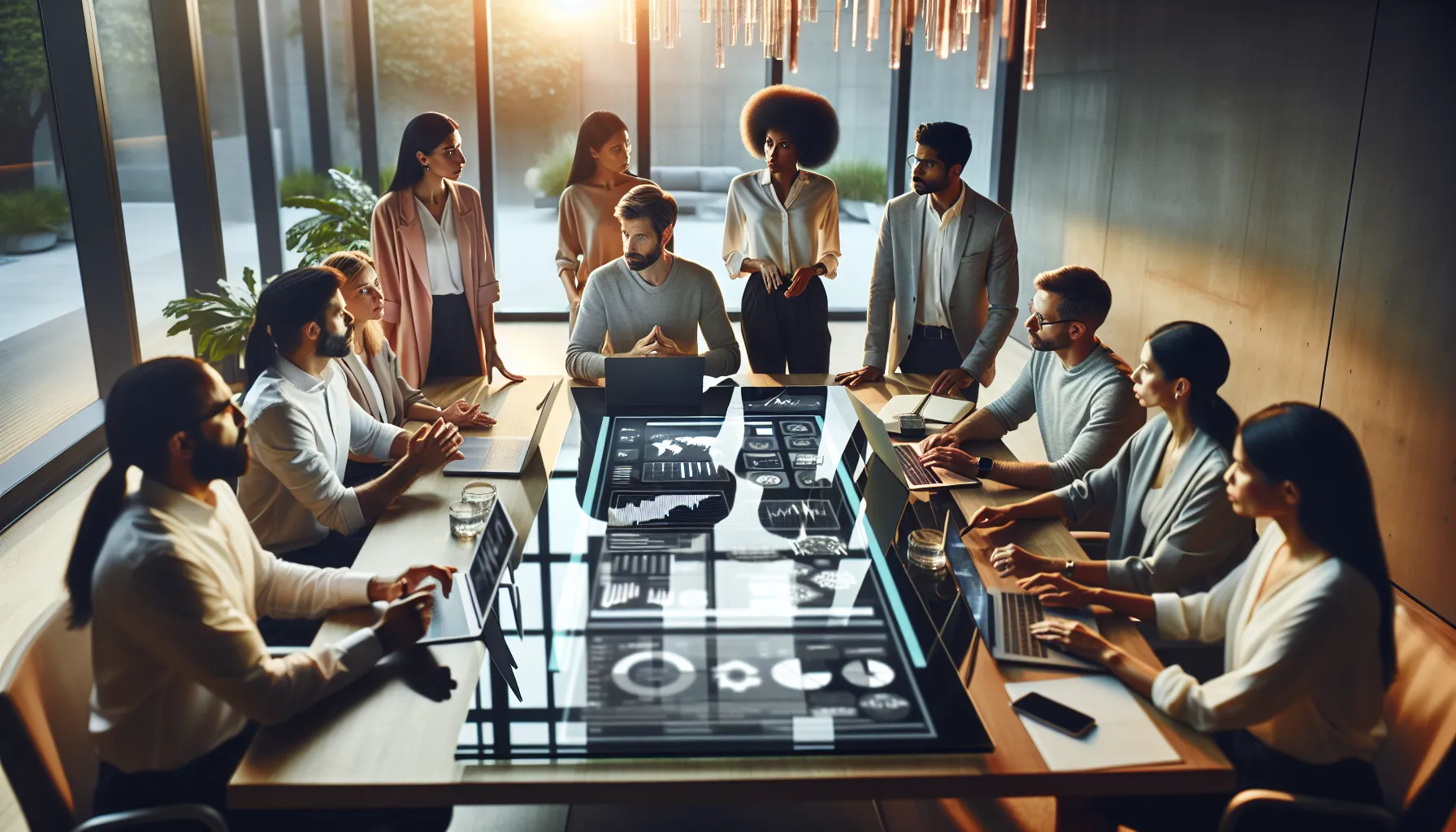 diverse professionals collaborating on digital transformation in a modern office.