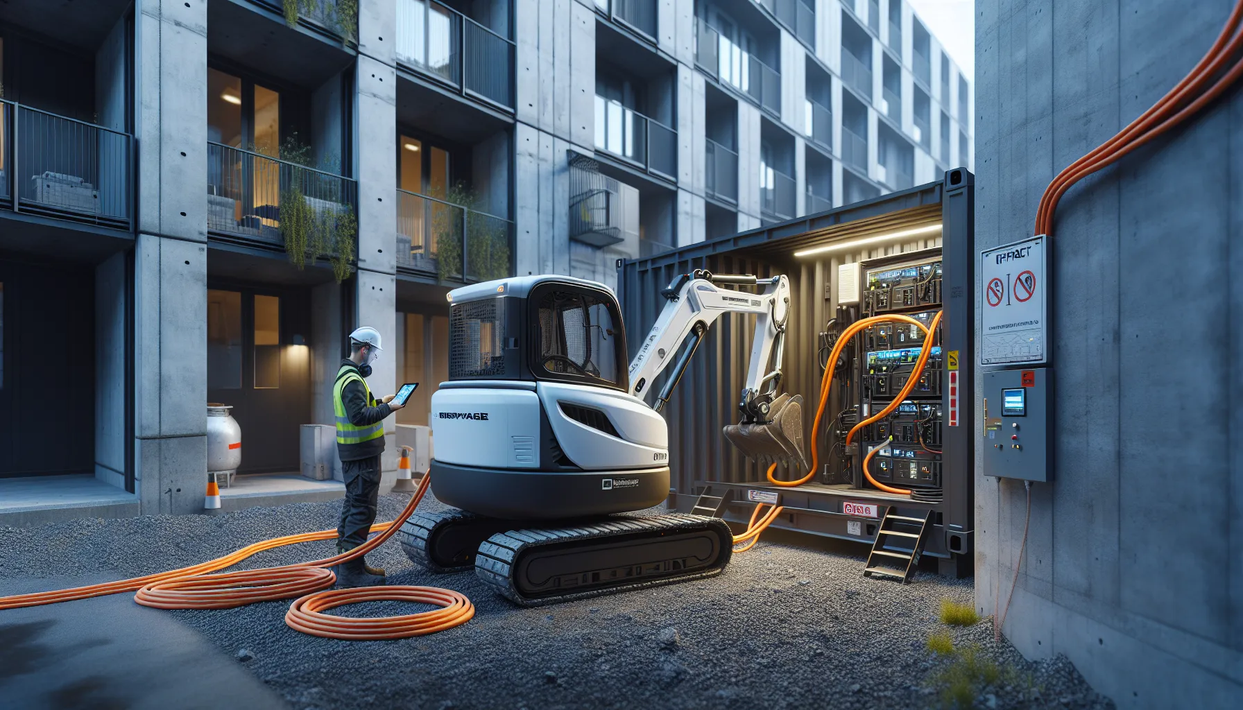Hva er fremtiden for anleggsmaskiner? Spådommer for byggebransjen 3 Electric excavator charging at an oslo construction site while supervisor checks energy plan.