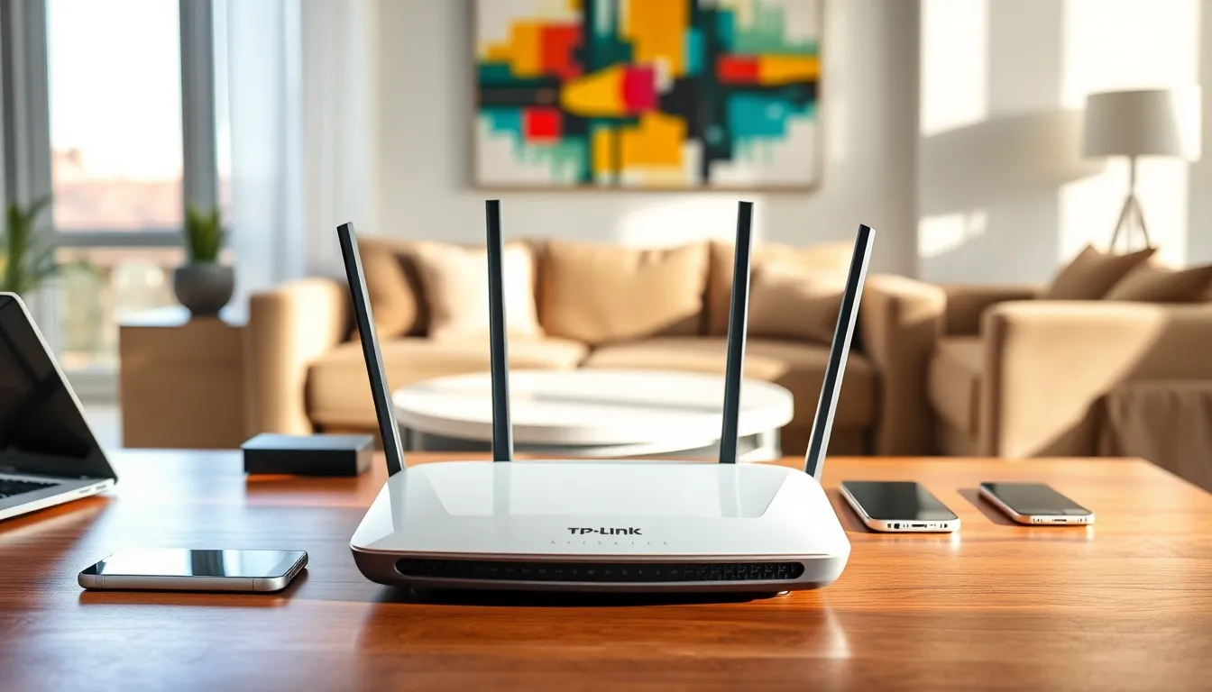 TP-Link AC1900 router in a modern living room with digital devices.