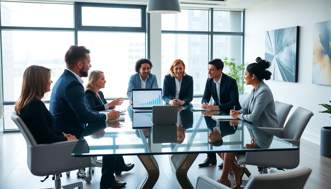 diverse team discussing business strategy in a modern office.