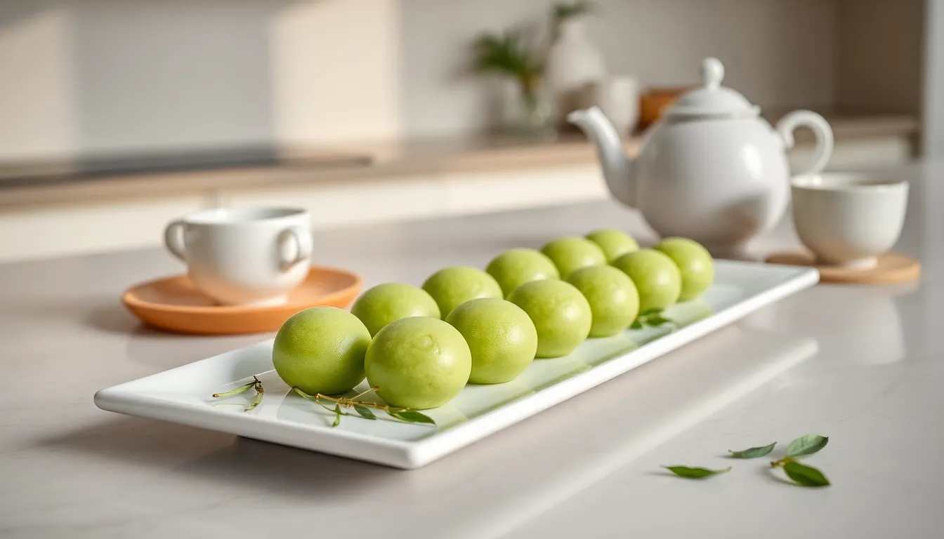 plate of green mochi delight cookies with tea leaves.