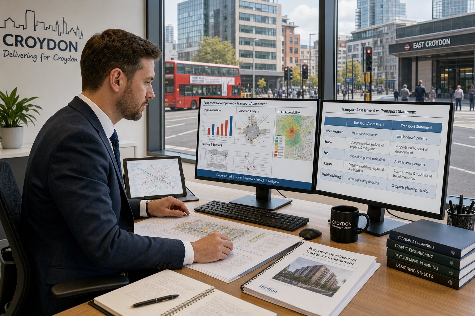 Traffic engineer reviewing transport assessment plans in a modern Croydon office.