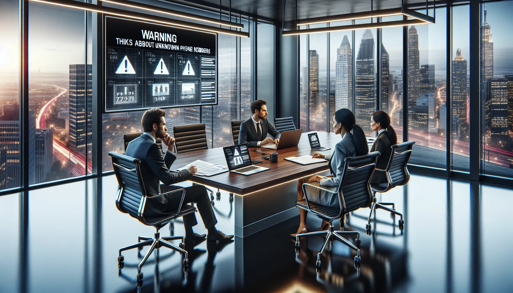 diverse team discussing potential risks of unknown phone numbers in a modern office.