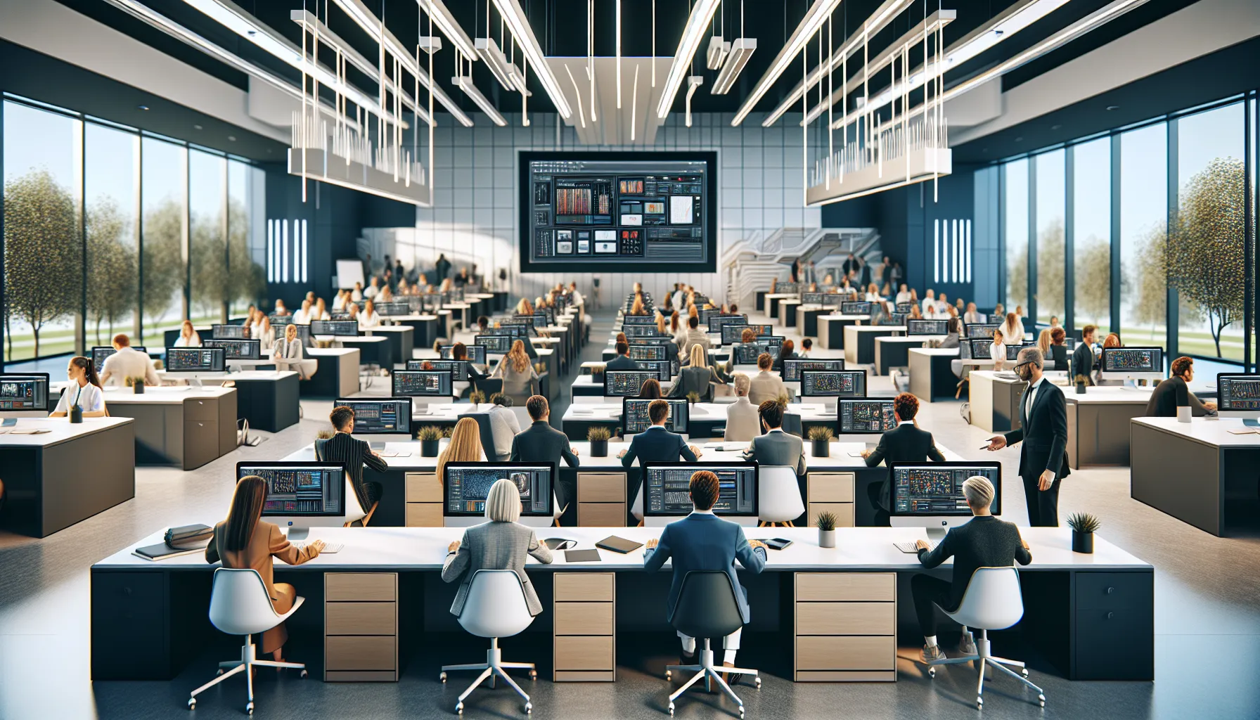 diverse students learning Photoshop in a modern classroom.