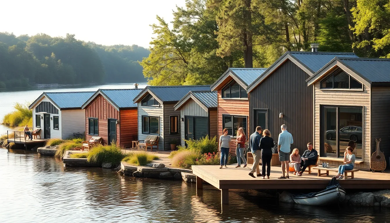 tiny homes along the river, showcasing a community embracing minimalist living.