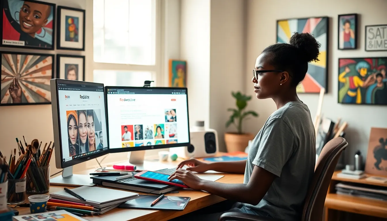 A creative workspace with digital art and a young artist engaging with Redwebzine.