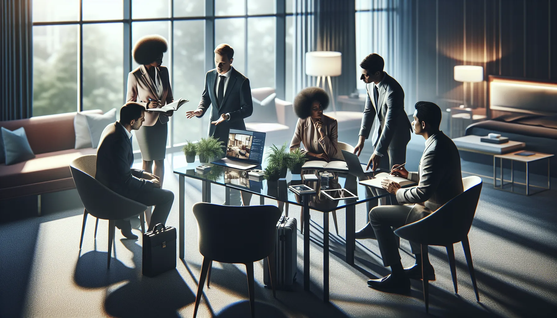 diverse group discussing hotel travel tweaks in a modern room.