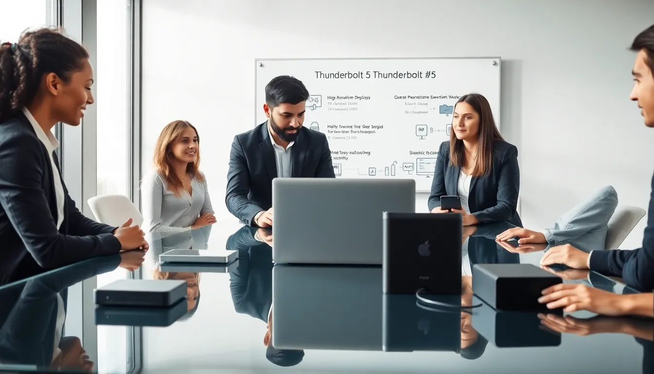 professionals discussing Thunderbolt 5 laptops in a modern office.