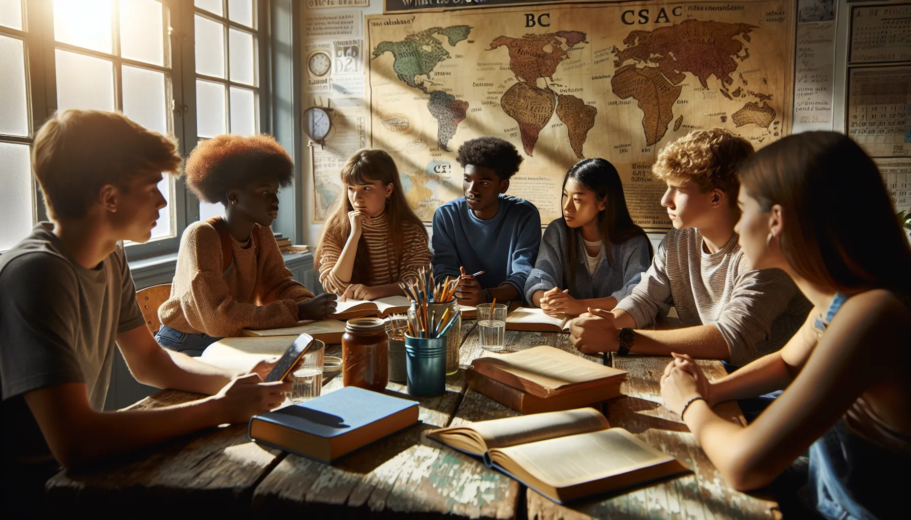 students discussing historical timelines of BC and CE in a classroom.