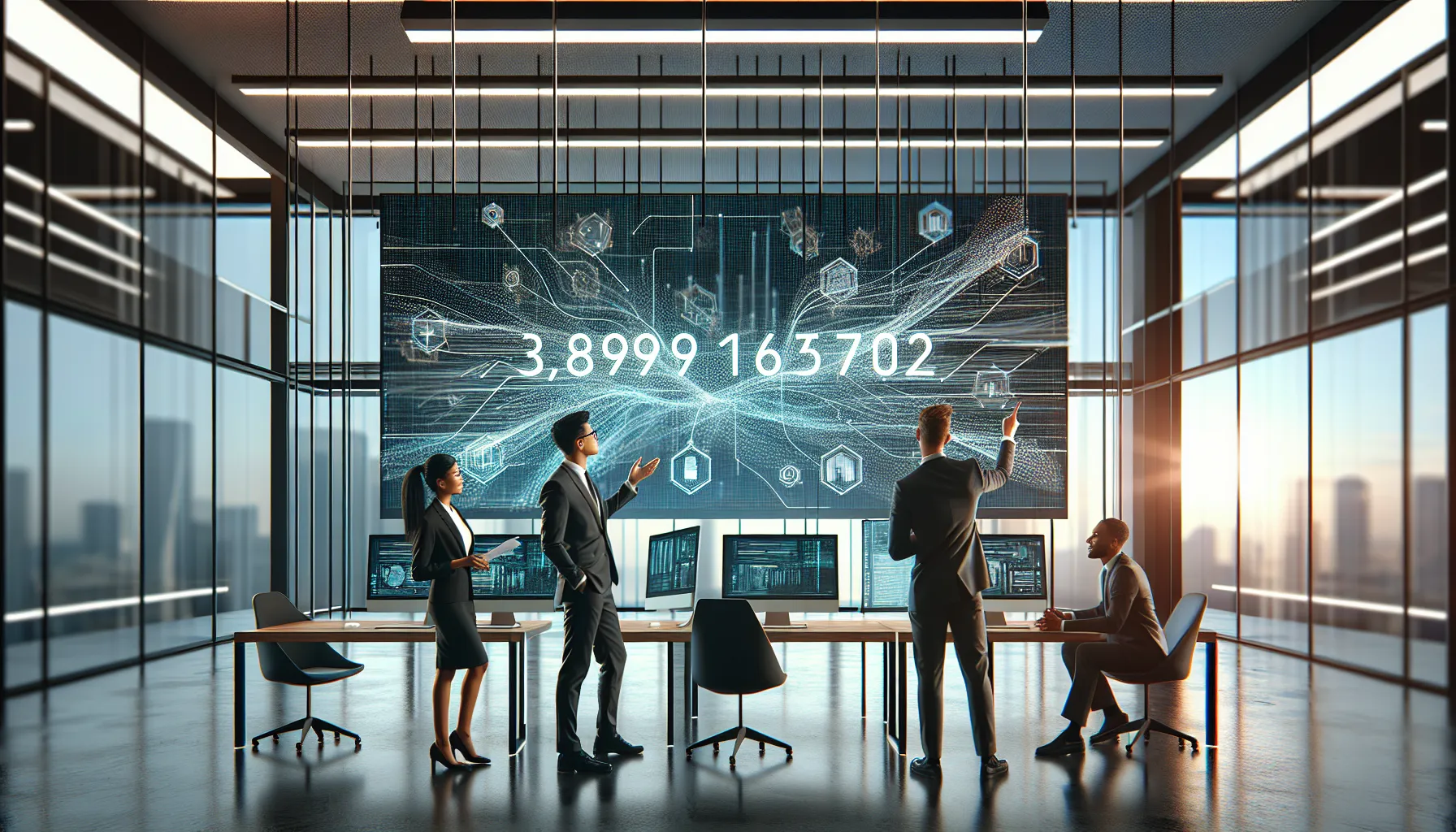 professionals discussing a digital sequence in a modern office.