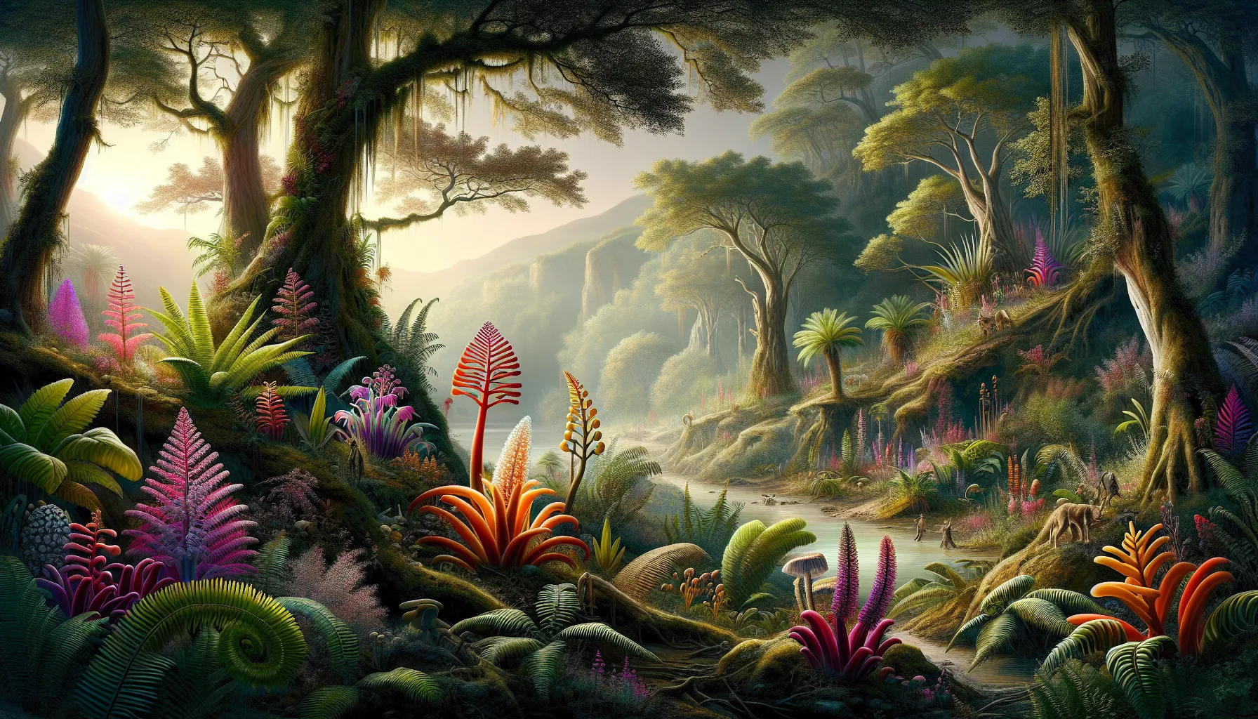 vibrant prehistoric landscape featuring Bogendelia plants.