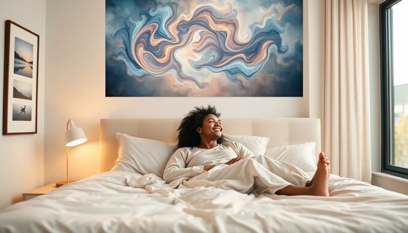 person dreaming in a peaceful bedroom with abstract dream symbols.