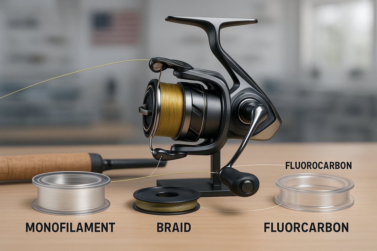 Spinning reel with mono, braid, and fluorocarbon fishing line comparison.