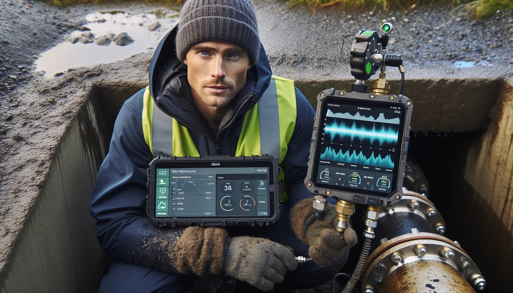Hvordan fungerer ai-drevet lekkasjedeteksjon i rørsystemer? En side dedikert til rør, rørsystemer og rørteknologi 4 Norwegian engineer analyzes pipeline leak data on tablet beside acoustic sensor.