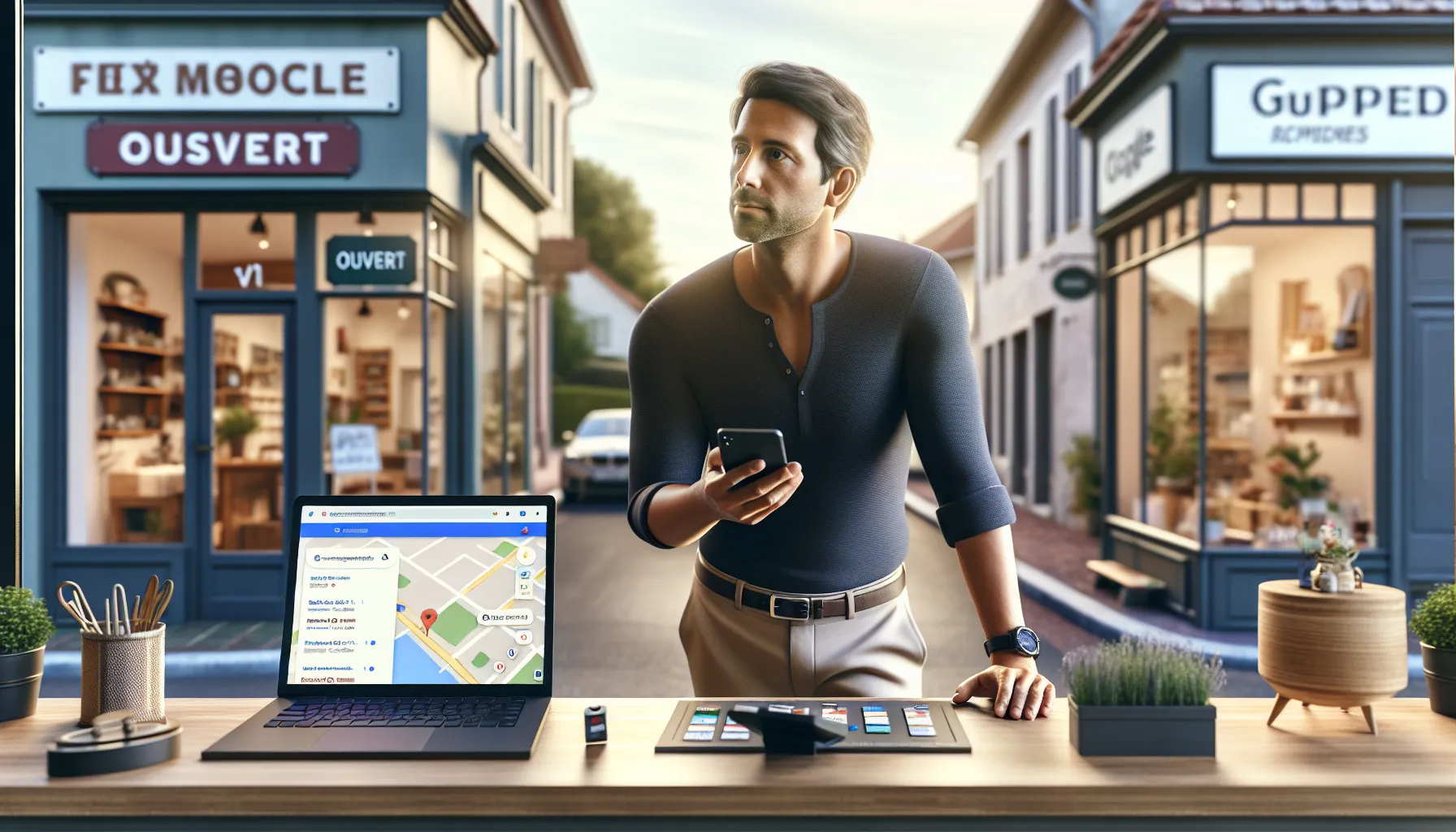French shop owner checking his Noiseau business visibility on Google Maps.