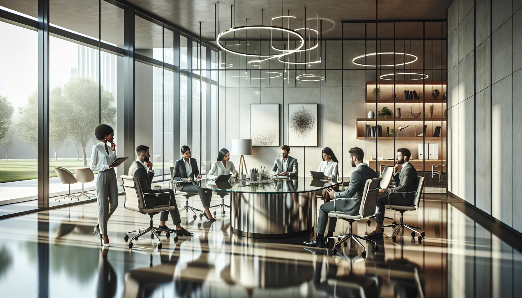 diverse professionals brainstorming in a modern office setting.