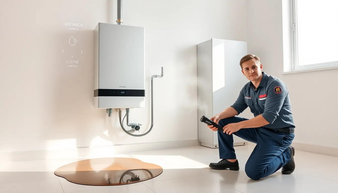 Professional plumber inspecting a modern hot water system in a clean utility space.