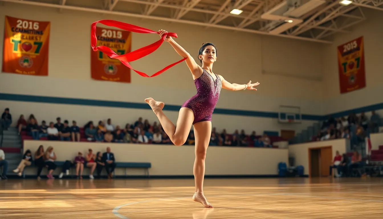 a rhythmic gymnast performing with a red ribbon in a bright gymnasium.