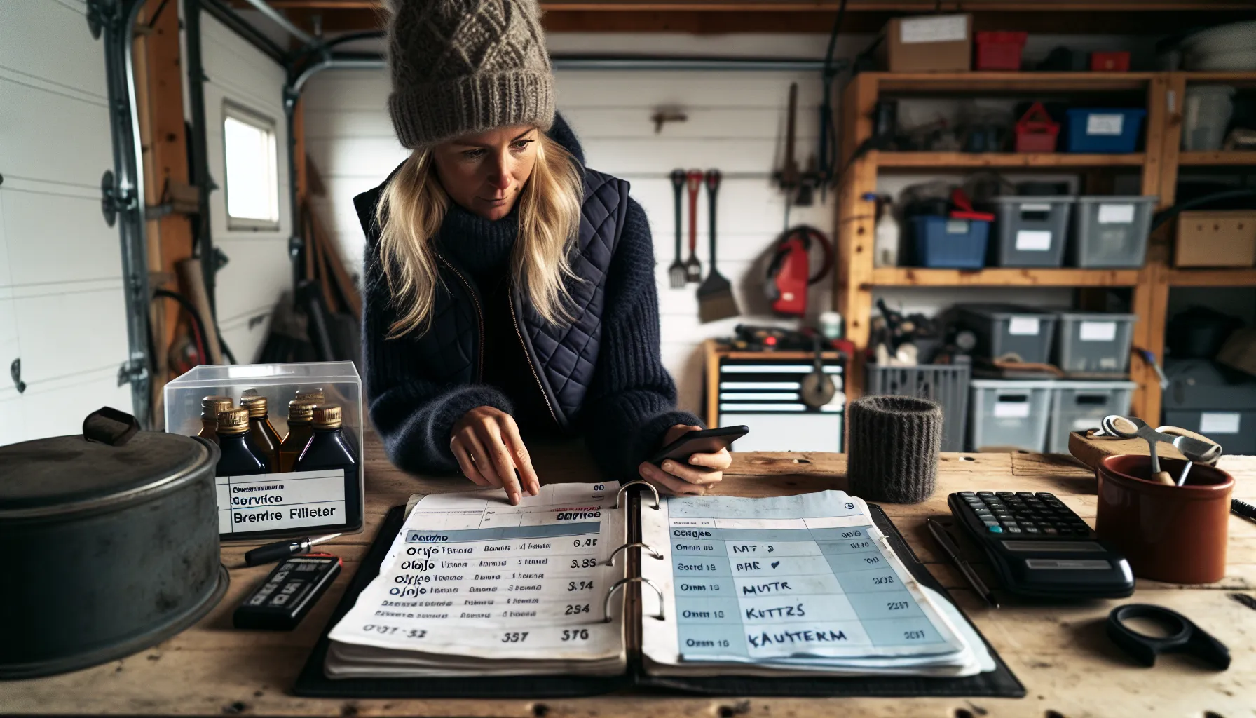 Norwegian car owner plans maintenance with receipts and calendar in a garage.
