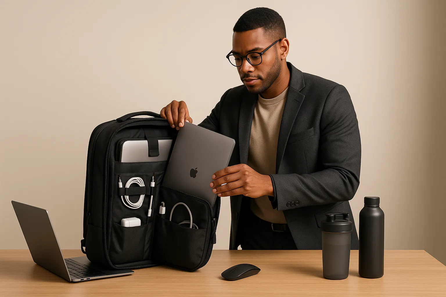 Professional remote worker packing tech gear into a sleek work bag.