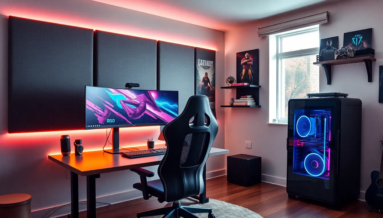 modern gaming room setup with dual monitors and ergonomic chair.