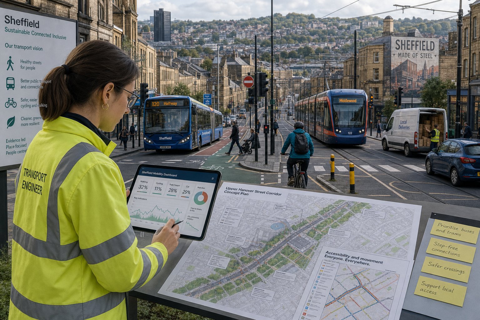 Traffic engineer reviewing Sheffield transport plans with hills, tramlines, buses and cyclists.