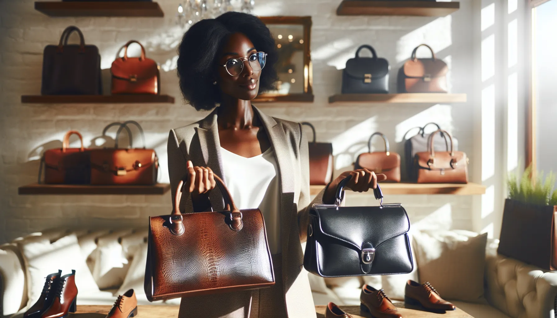 A salesperson displaying genuine and synthetic leather bags in a boutique.