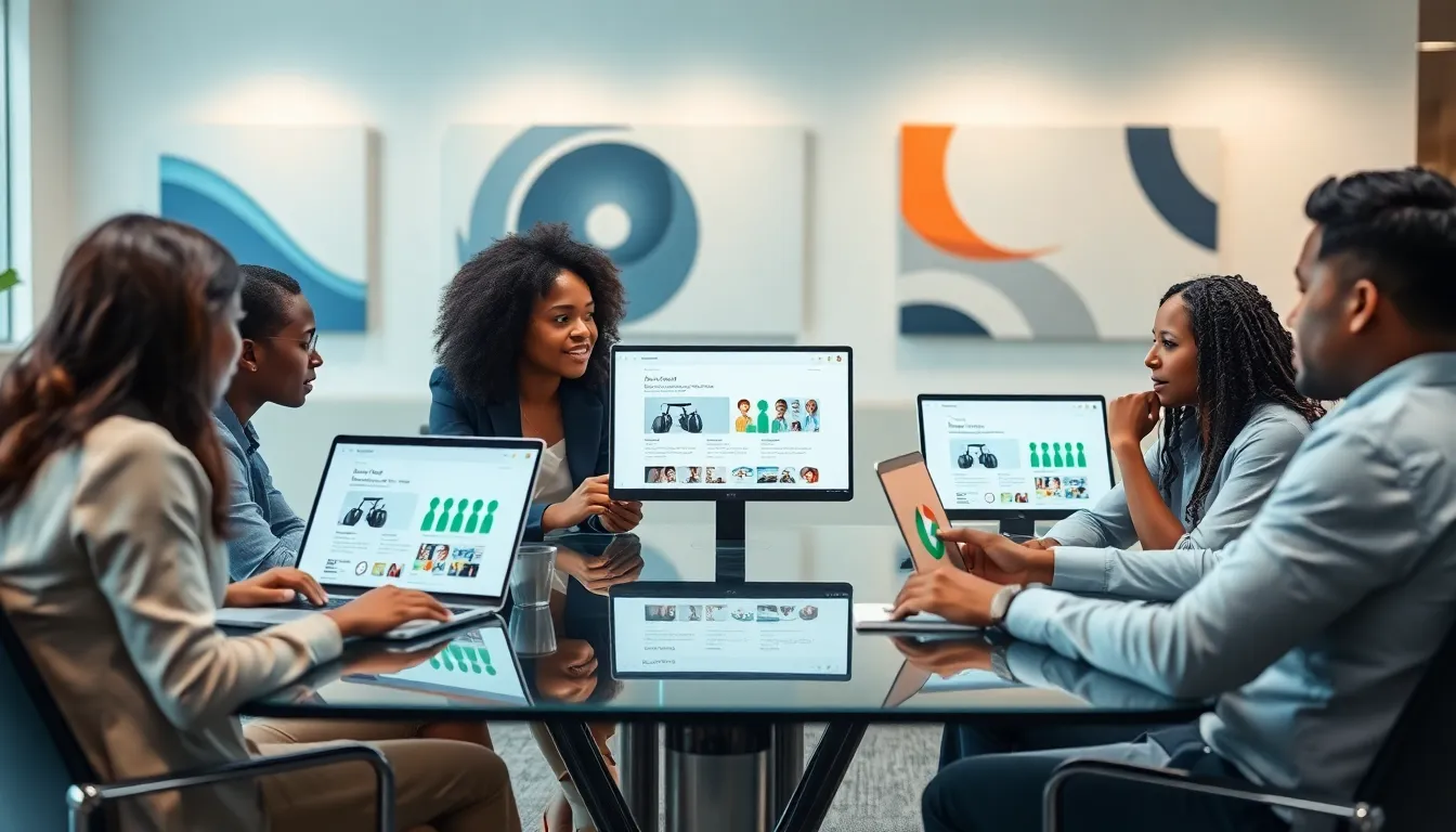 diverse team discussing Google&rsquo;s Trending Now feature in a modern office.