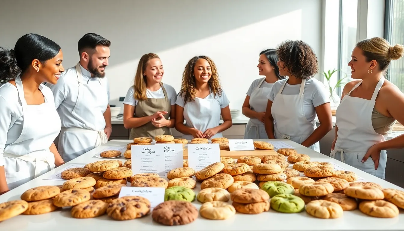 various cookies displayed in a modern kitchen with bakers engaged in baking.
