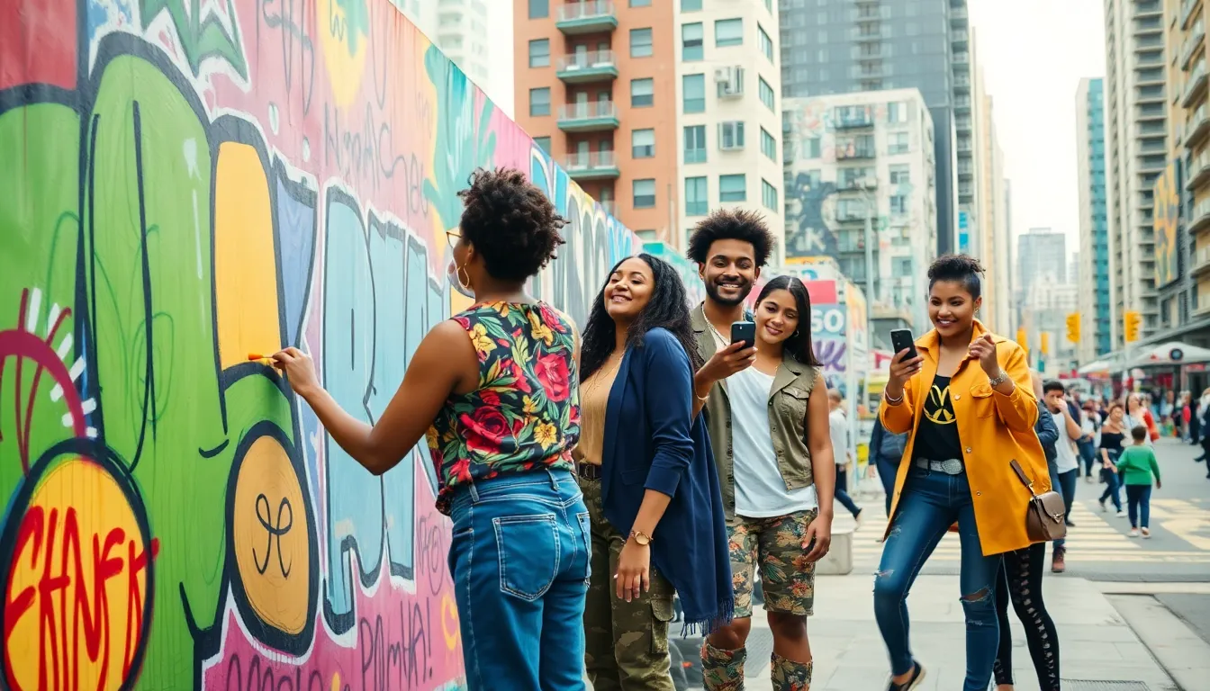 diverse artists creating vibrant murals in an urban art scene.