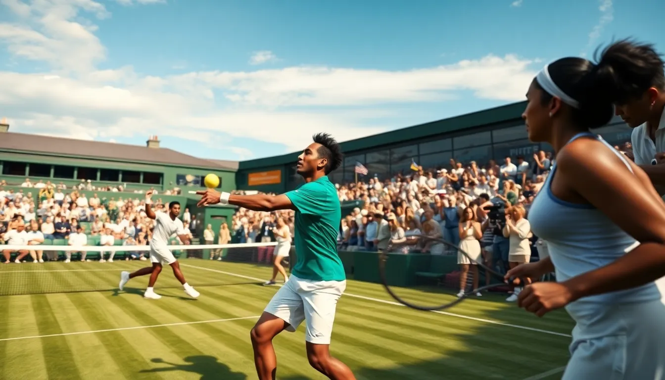 tennis players in action during a major tournament match.