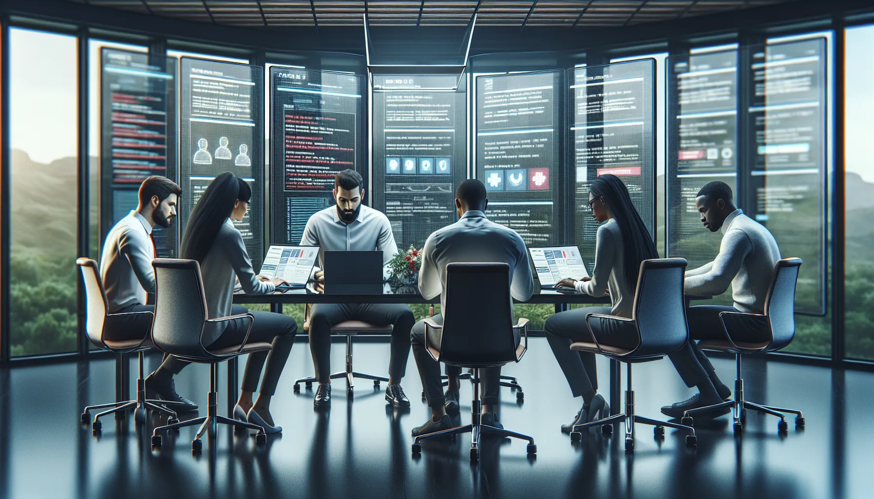 diverse IT team troubleshooting software issues in a modern office.