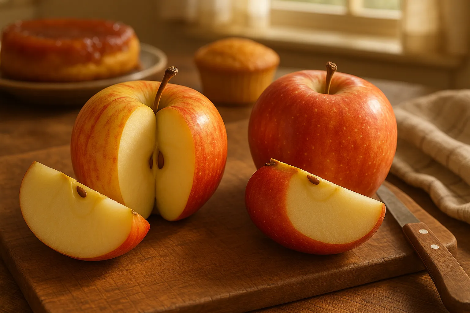 Two apples (Gala and Kidd’s Orange Red) and sliced wedges on a wooden board.