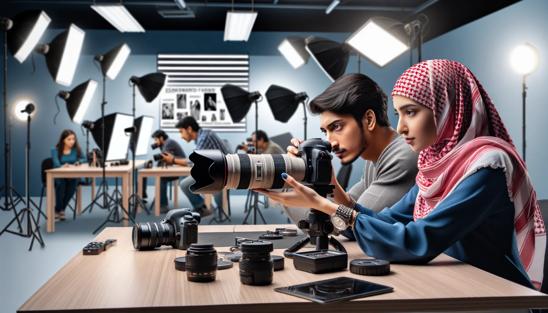 Photographers using full-frame and crop sensor cameras in a studio setting.