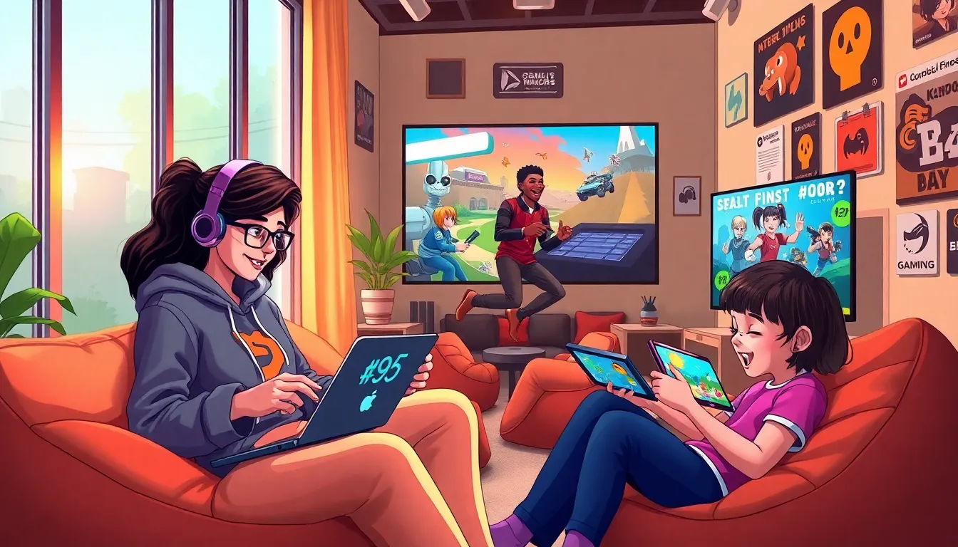 diverse gamers enjoying different types of games in a modern lounge.