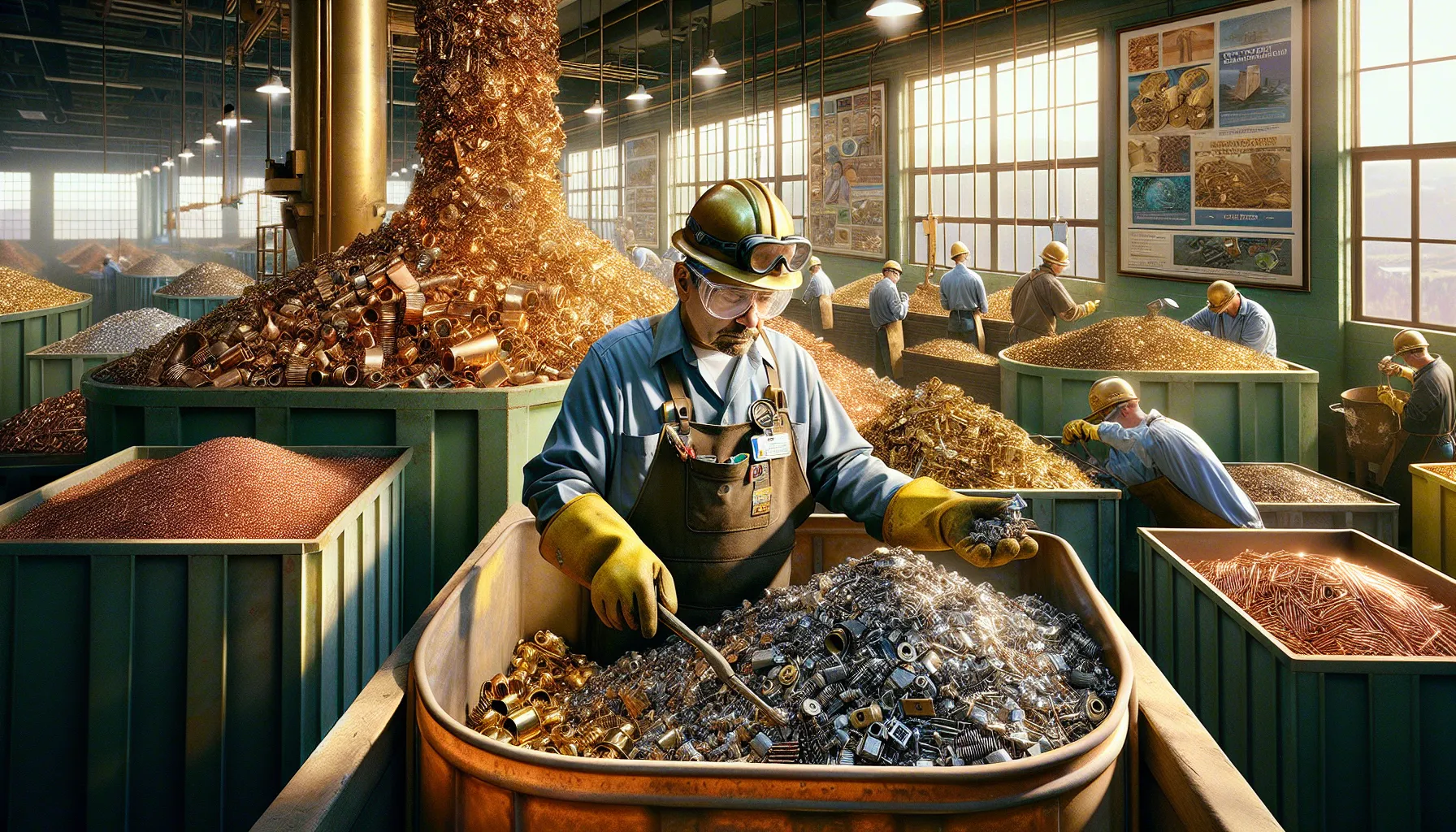 A worker examining brass and copper in a recycling facility.