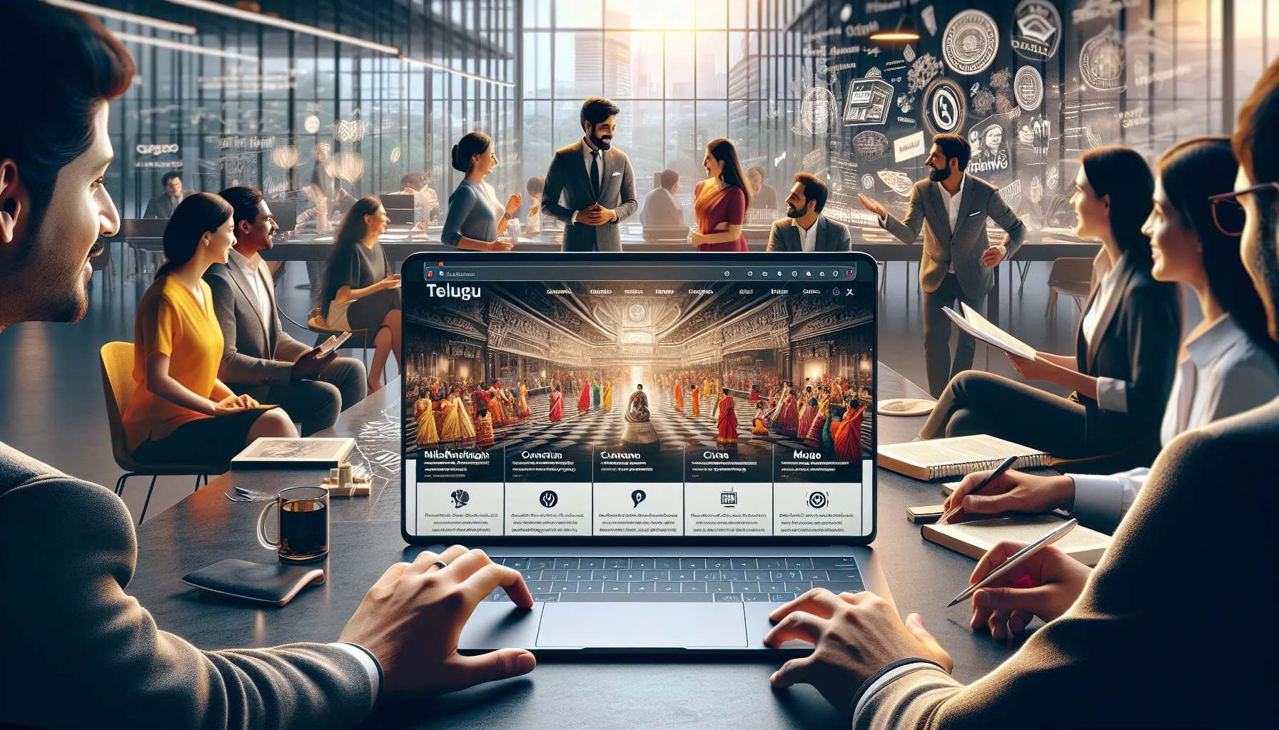 professionals engaging with iBooma Telugu.com in a modern office setting.