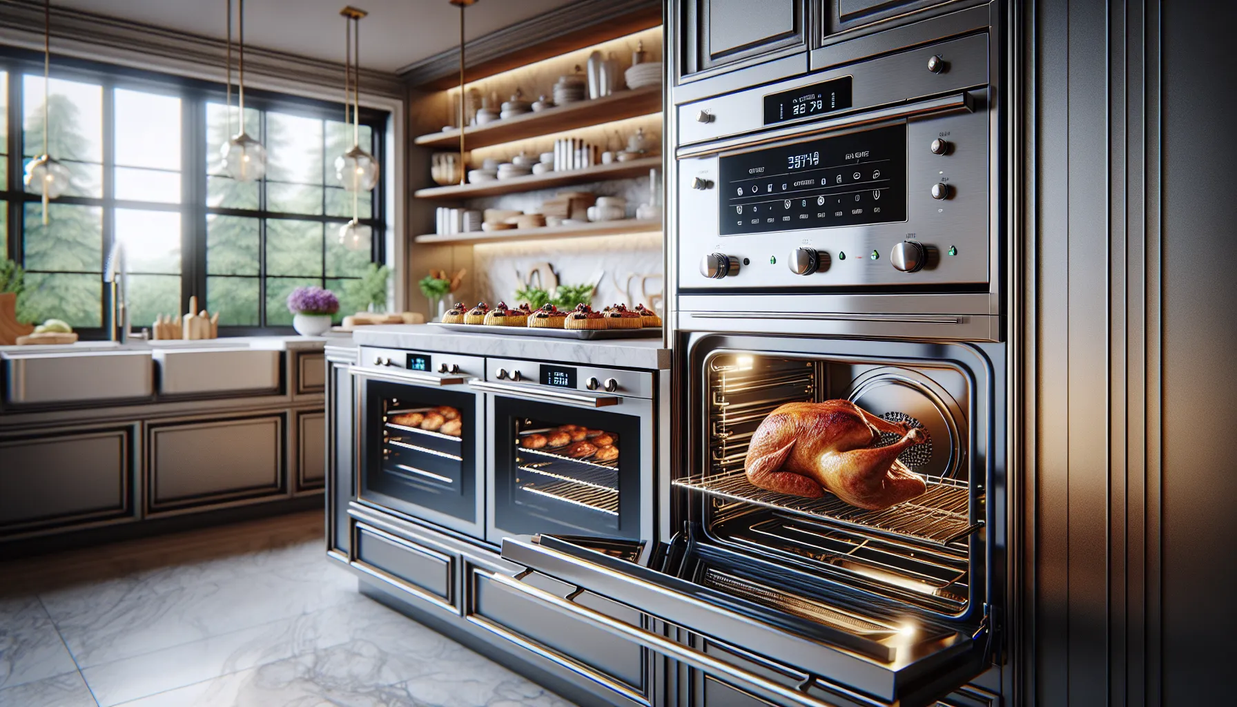 A kitchen with a convection oven showing a roast chicken and baked goods inside.