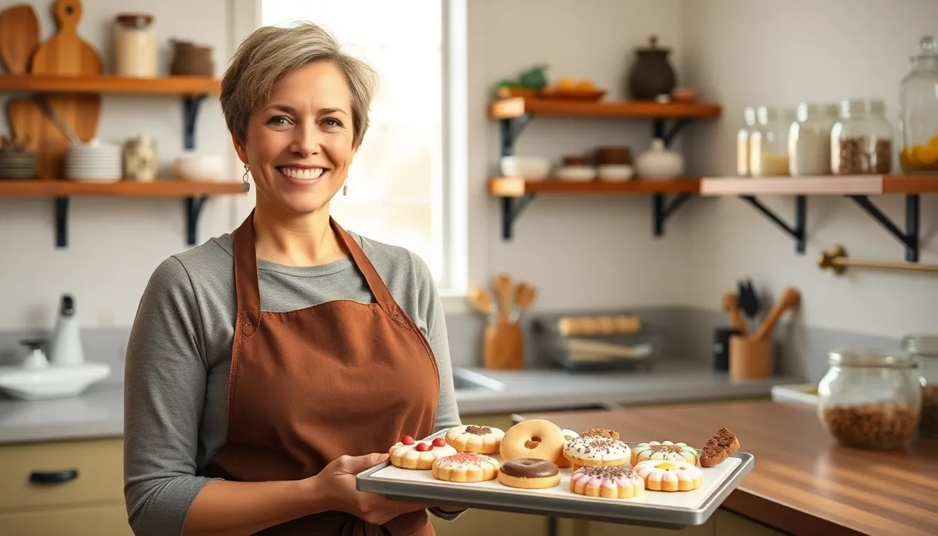 Mary Jackson presenting a tray of cookies in a cozy, modern kitchen.