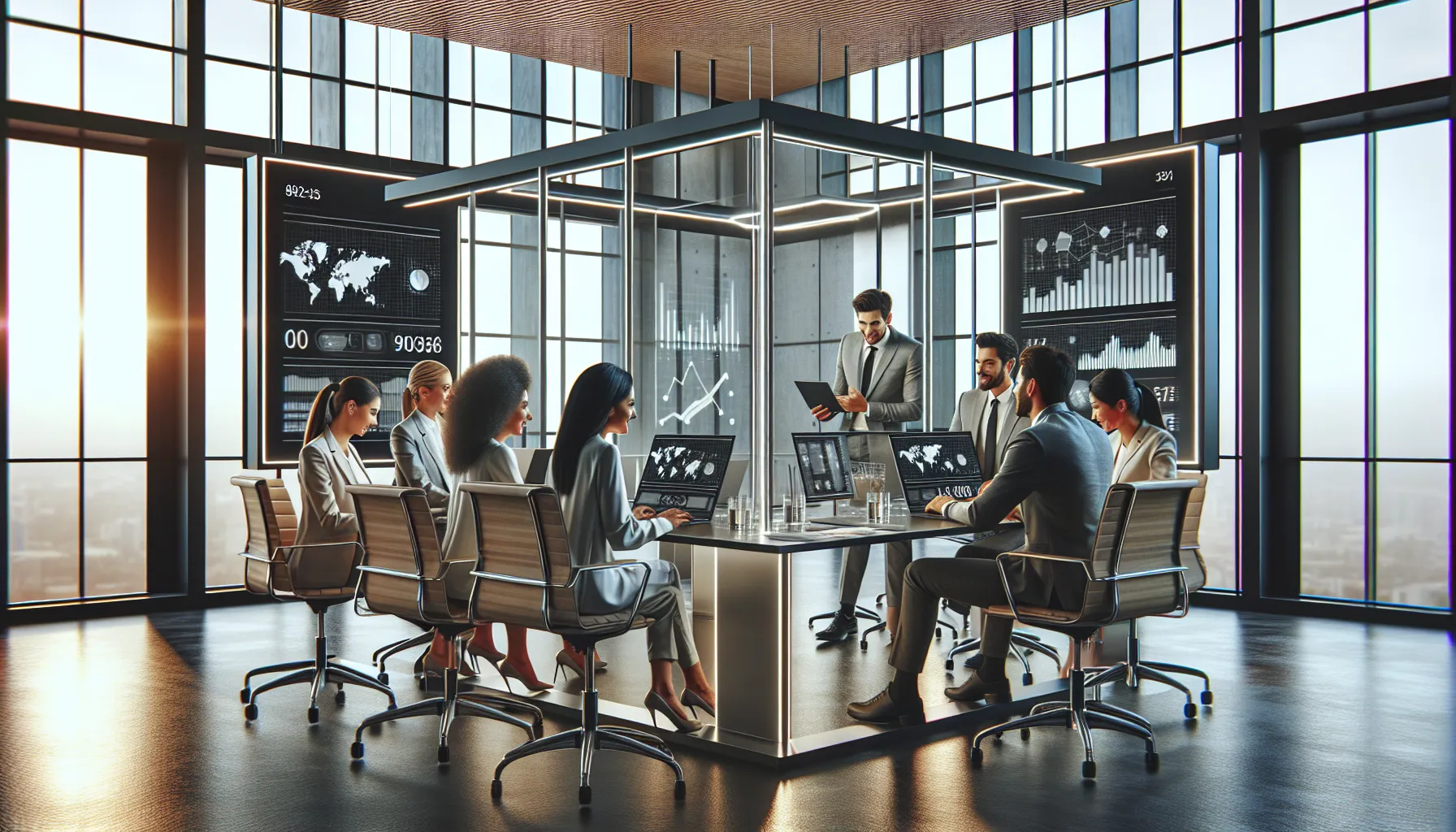 Professionals in a modern office discussing data related to 9804026136.