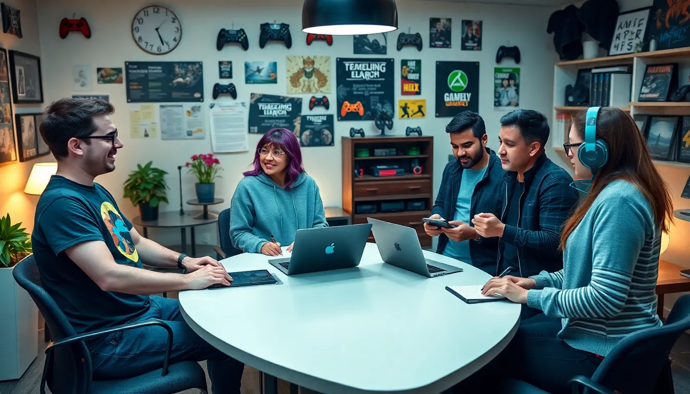 four diverse team members discussing gaming in a cozy office.