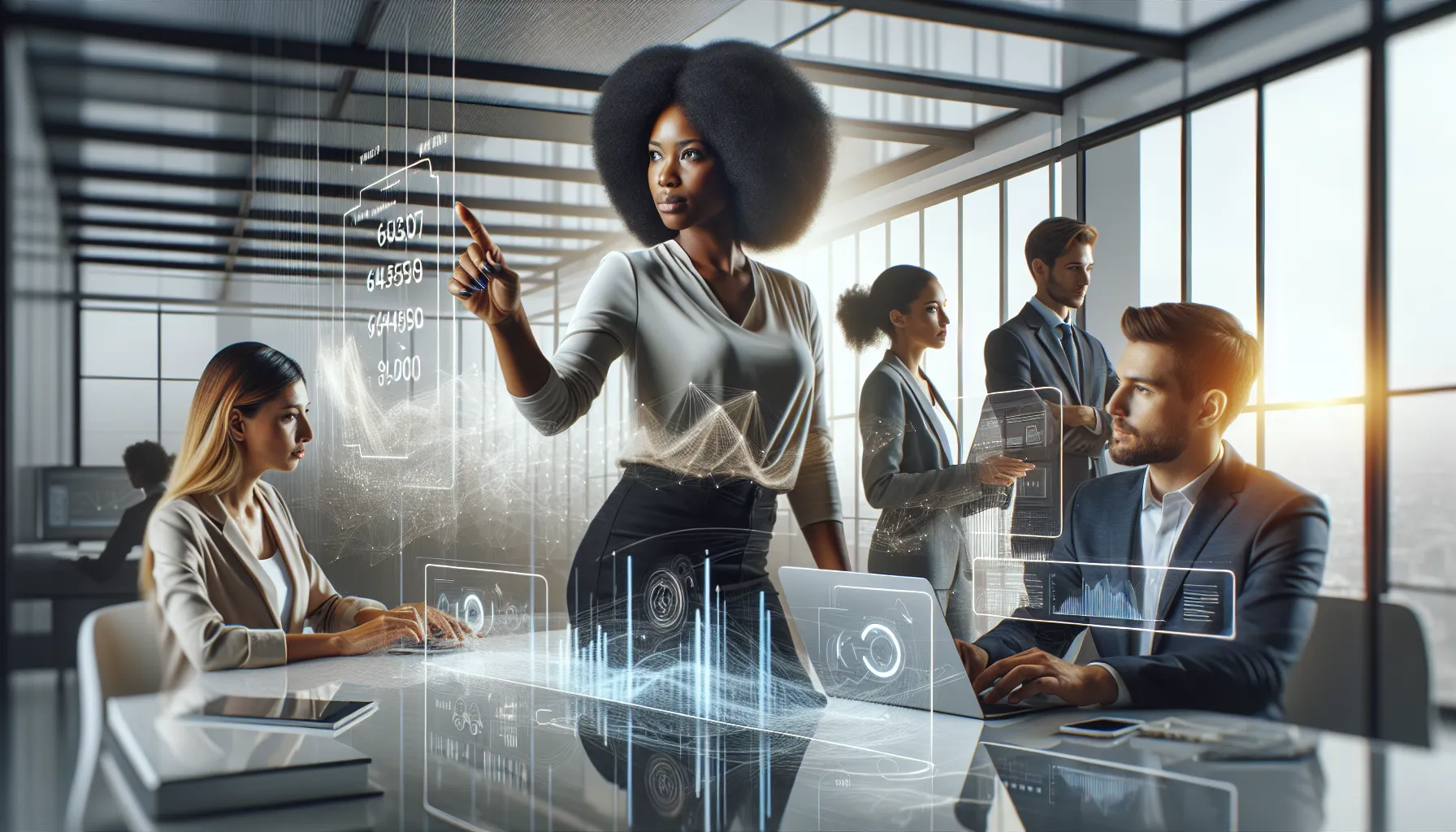 diverse team collaborating on data analysis in a modern office.