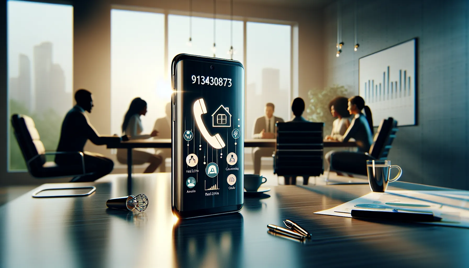 smartphone displaying phone number with communication icons in a professional setting.